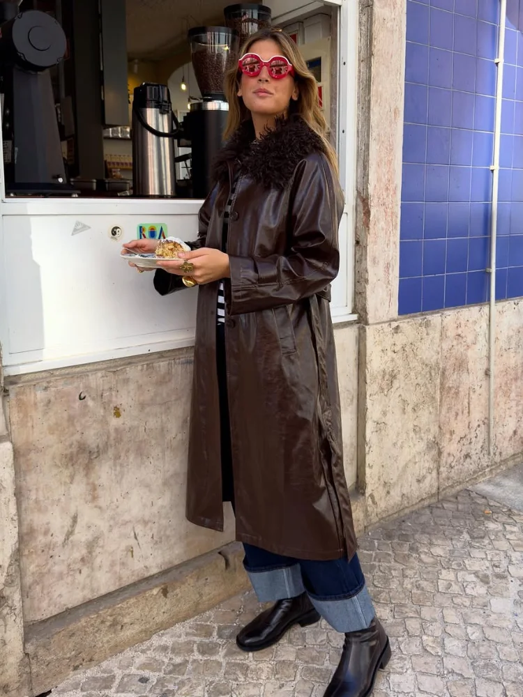 

Женская кожаная куртка в стиле пэчворк с меховым воротником, модное свободное пальто с длинными рукавами на шнуровке и поясом, 2025 г., женская повседневная уличная верхняя одежда