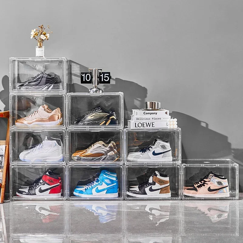 Acrylic thickened shoe box, storage box, drawer style organizing box, foldable, magnetic suction, shoes storage