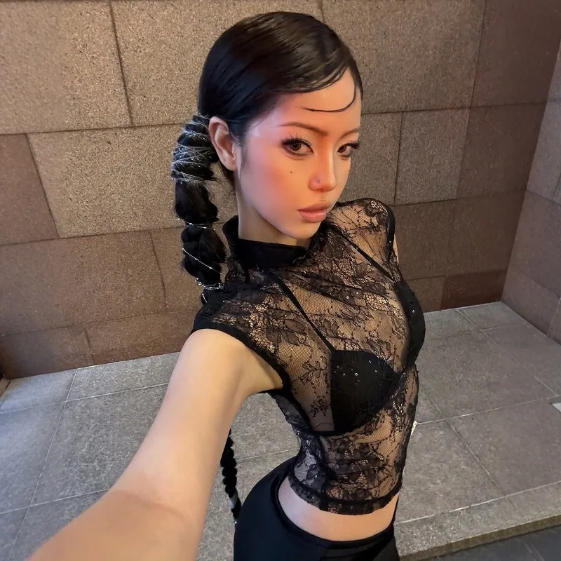 AltGoth Mall Goth Lace T-shirt Women Vintage Streetwear Aesthetic See Through Short Sleeve Crop Tee Tops Emo Alt Indie Clothes