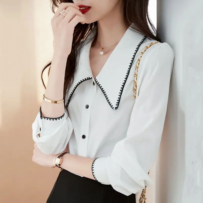 Spring Autumn Fashion Printing Shirts Women's Clothing Korean POLO Collar Puff Sleeve Buttons Single Breasted Simplicity Tops