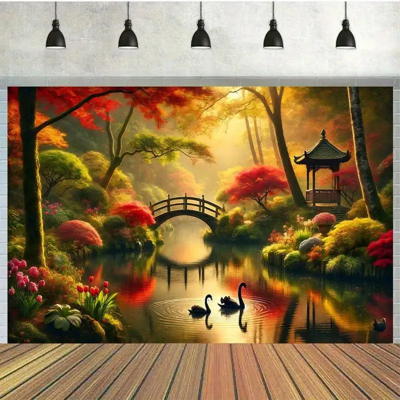 1pc Large Horizontal Maple Leaf & Duck Tapestry - Autumn Old Bridge River Scene Backdrop 7.0x5.0ft, Textured Light Beige-Friendl