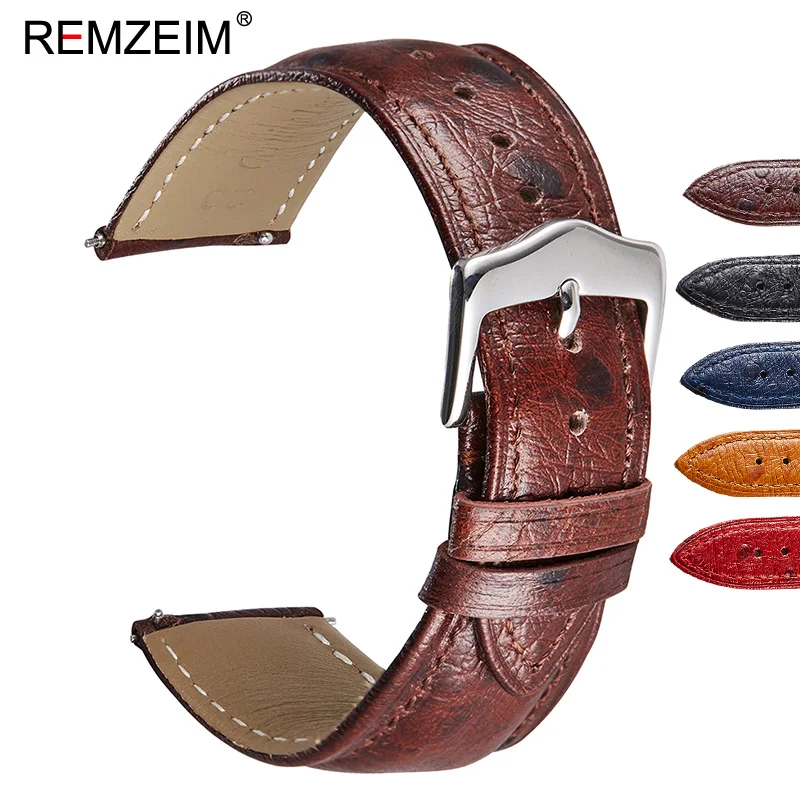 RENZEIM Ostrich Pattern Watchbands Genuine Cowhide Leather Straps 18mm 20mm 22mm Replacement Belts Quick Release Watch Band