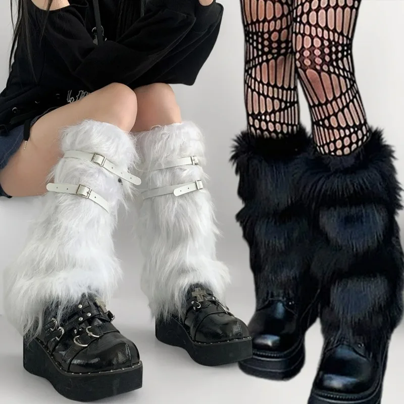 

Lolita Plush Fur Leg Warmers Girls Japanese Y2K Keeping Warm Boots Cover Winter Long Socks White Thicken Knee-length Stockings