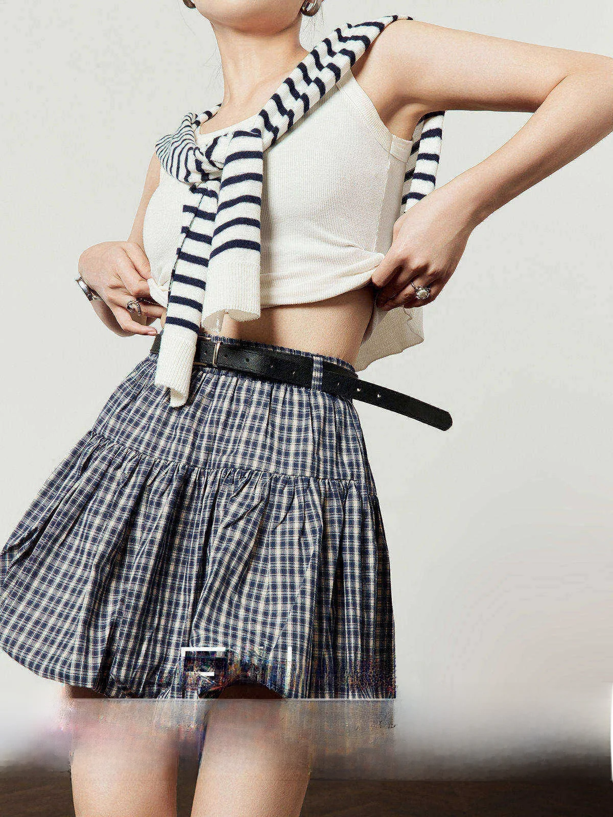 

Синяя клетчатая юбка А-силуэта с высокой талией, поясом и расклешенным подолом, повседневная, дышащая, приятная к телу, для женщин