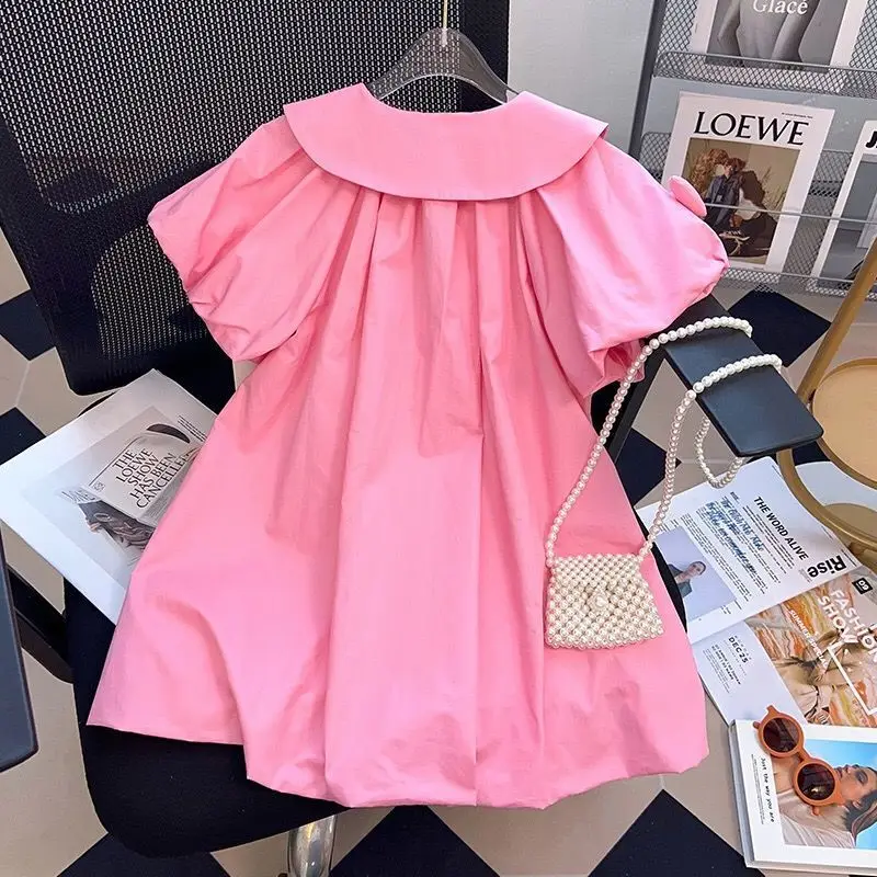 2-12Y Girls Summer Dress Small Lapel Single Breasted Design Cute Princess Dress Children Girls 3D Love Decal Bubble Sleeve Dress