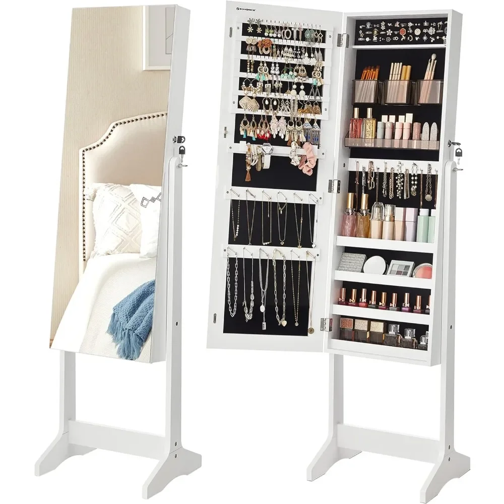 

White jewelry cabinet armor, independent lockable, with 2 plastic cosmetic storage spaces, full length frameless mirror