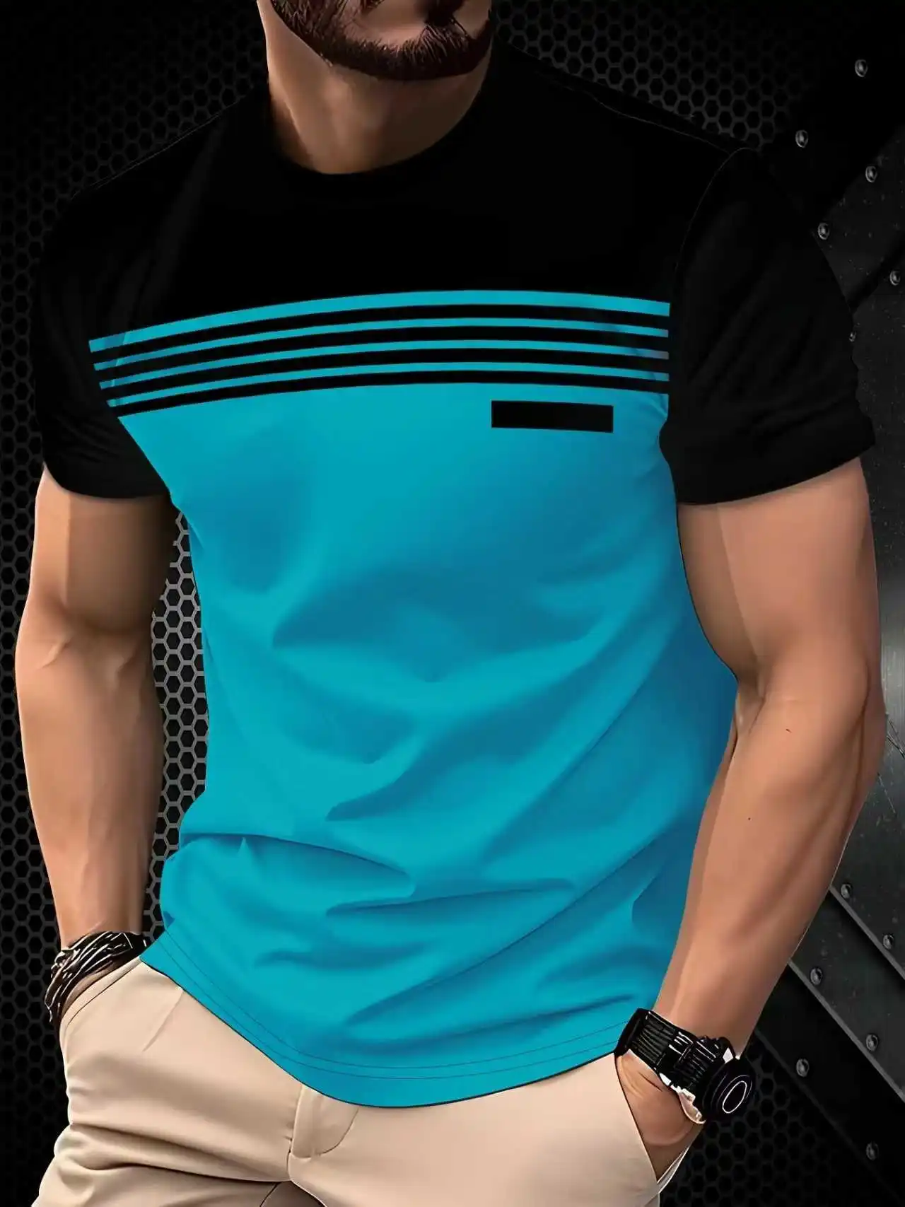 Summer Classic Men's T-shirt Outdoor Round Neck Short Sleeve Top Stripe Print Street Loose T-Shirt Male Oversized Clothing