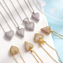 Stainless Steel Chain Classic Shiny Zircon Crown Love Pendant Necklace for Women Lady Vintage Jewelry Accessories Gifts