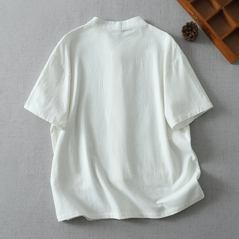 Chinese Style Casual Loose Short Sleeve Cotton Shirts Blouse Women Vintage Traditional Buttons Pockets Tops White Beige Clothing - view 2