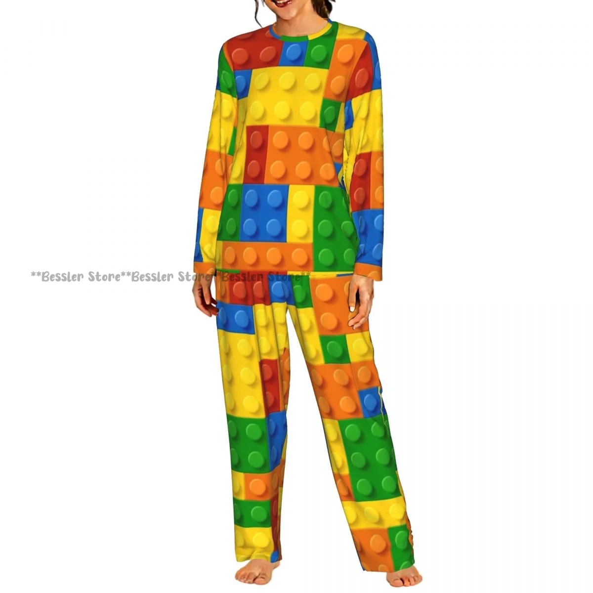 2 Piece Loungewear Women Pajama Sets Plastic Construction Blocks Pattern Soft Homewear Sleepwear Long Sleeve Nightwear