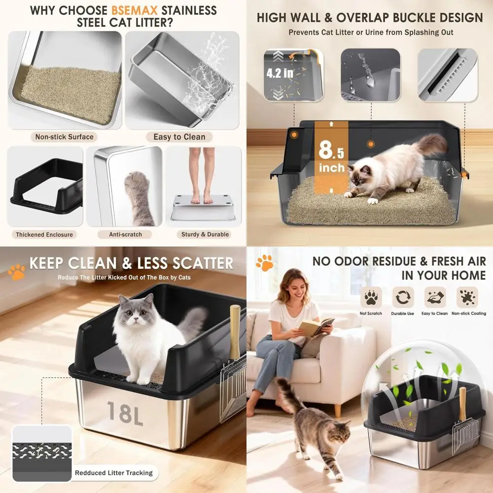 

High-Sided Metal Cat Litter Box with Lid, 17.4 x 13.5 x 8.5, Non-Stick, Anti-Leak, Easy Clean for Small Cats (Black)