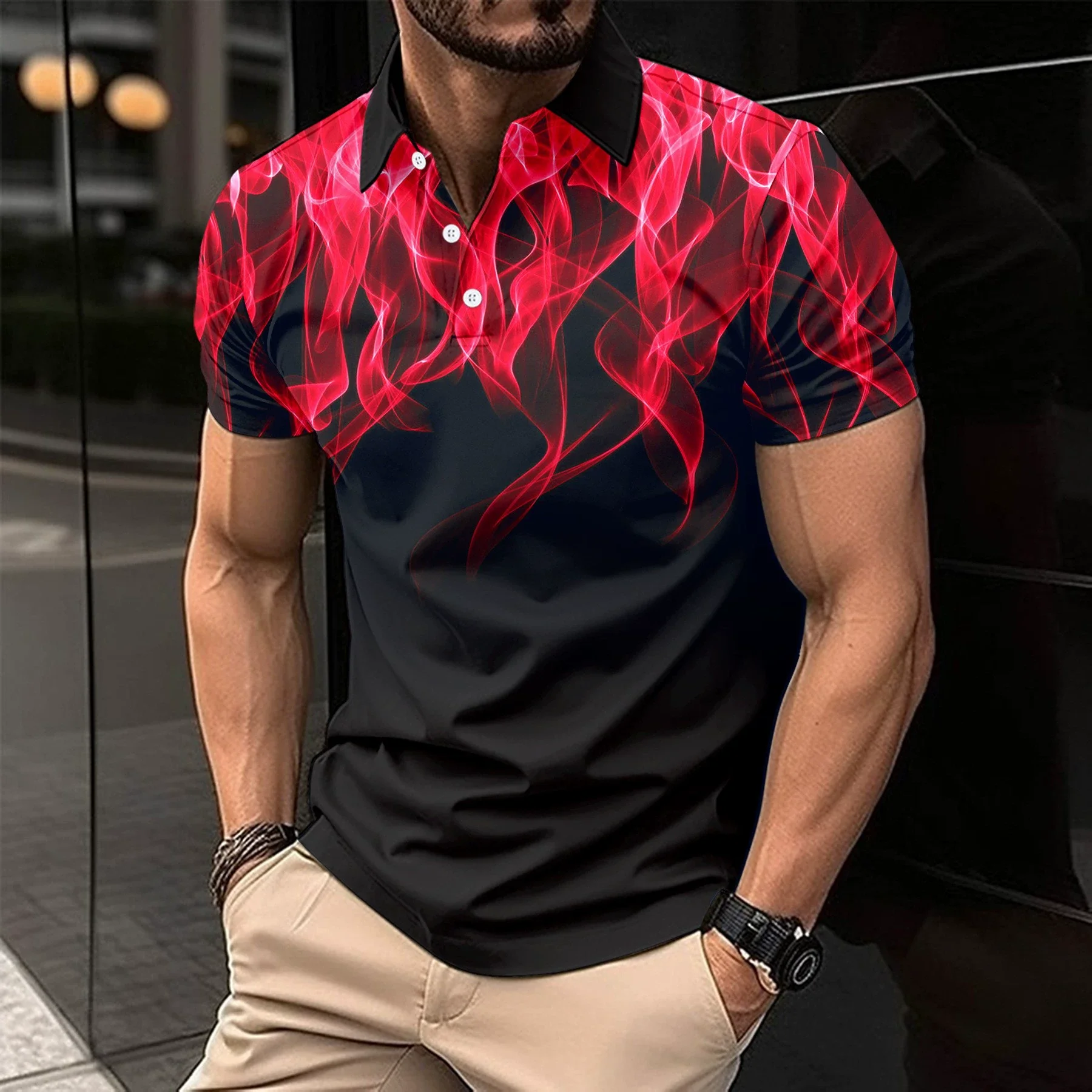 Fashion Fire Graphic 3D Printed Polyester Men's Polo Shirt Funny Creative Design Top Casual Loose Breathable Lapel Button Shirts