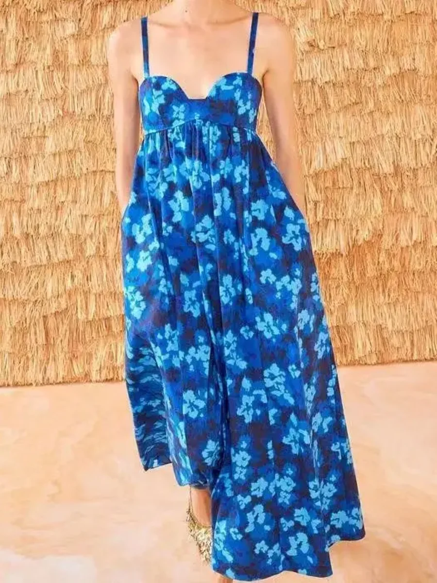 Vestido con tirantes azul para mujer con estampado floral, cuello en V, sin mangas, cintura alta, bata vintage para mujer