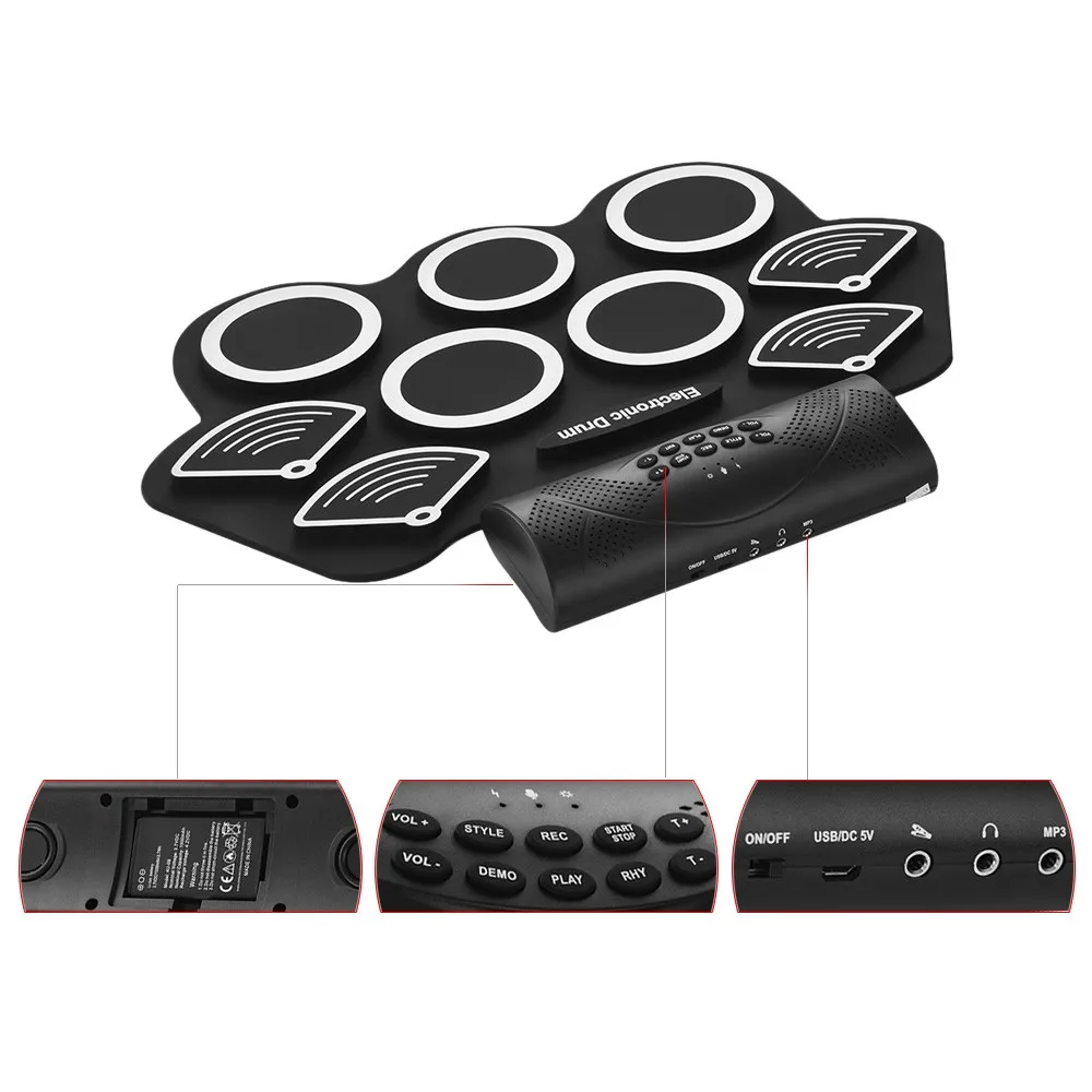 Portable Electronic Drum Kit Hand Roll Drum Set 9 Silicon Pads Built-in Stereo Speaker 1000mA Lithium Battery with Drumsticks
