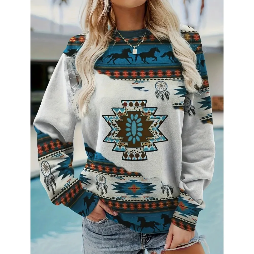 Bohemian Women\'s Autumn And Winter Round Neck Long Sleeved Fashions Retro Color Blocked Printed Sweatshirt 2024 New Casual Top