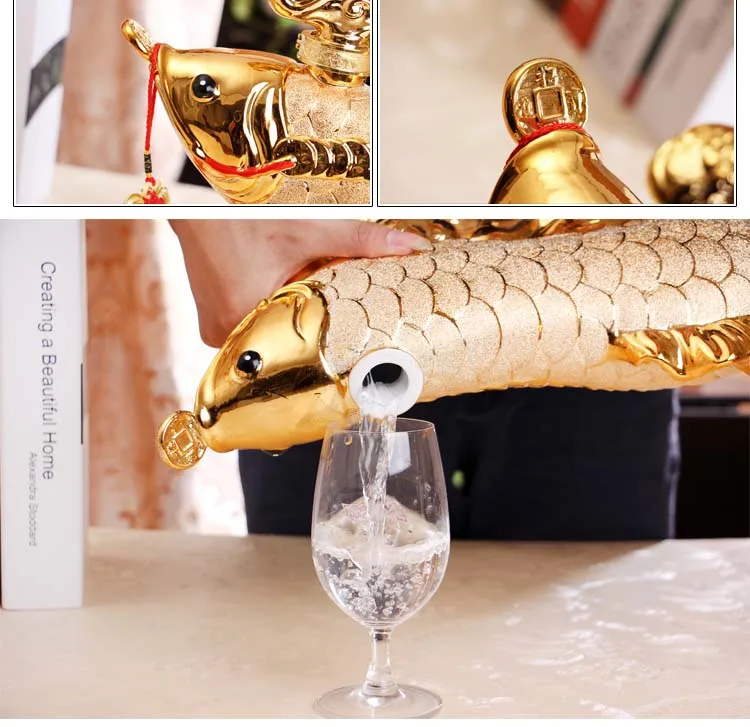 46CM LARGE TOP COOL home OFFICE BAR CLUB Business ART FENG SHUI Money Drawing Gold Dragon Fish Arowana Ornament Wine pot statue