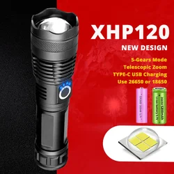 9000000000LM NEW Design LED Flashlight XHP120 Portable USB Zoom Torch Outdoors Waterproof Tactical Torch 26650 18650 For Camping