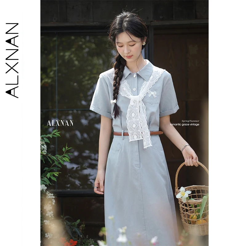 ALXNAN حجم كبير فستان أزرق طويل أنيق ليوسيل قميص فستان المرأة 2025 الدانتيل شال عطلة ملابس السيدات غير رسمية D10851