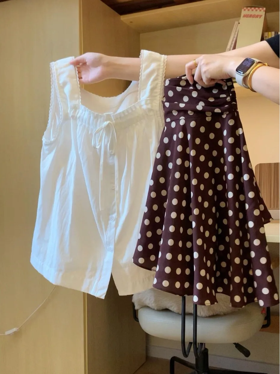 

Sweet Girl Style White Strapless Lace Loose Sleeveless Top Square Collar Women's Summer Outerwear Cotton Casual Fashion