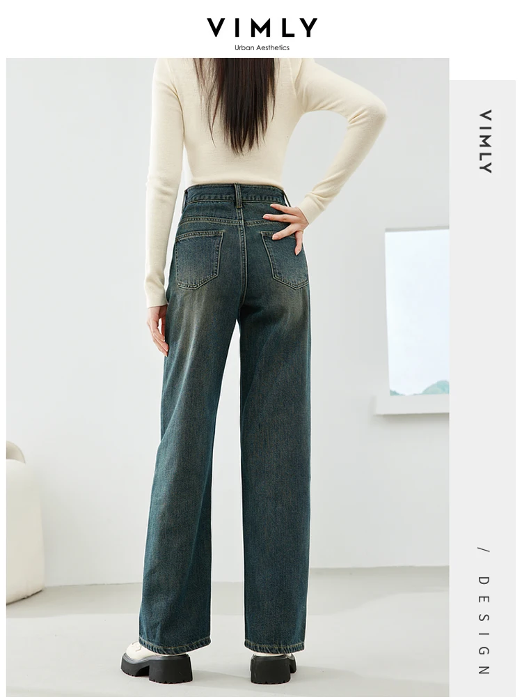 Vimly Vintage Cotton High Waist Denim Pant Woman Straight Loose Casual Trousers 2023 Winter Thick Warm Baggy Jeans Female 72676