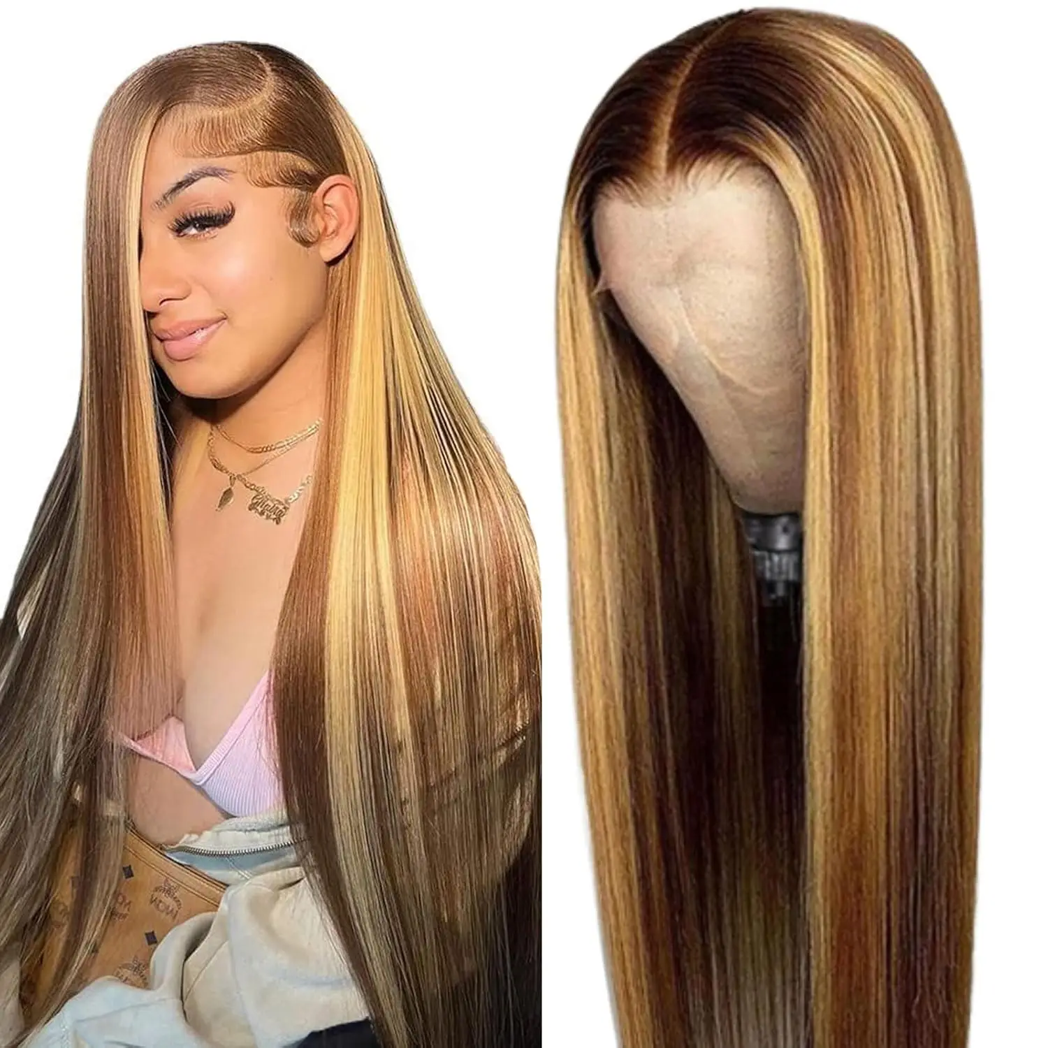 Highlight Ombre Wig Bone Straight Human Hair Wig Colored 13x6 HD Lace Frontal Wig 360 Full Lace Front 100% Human Hair Wigs