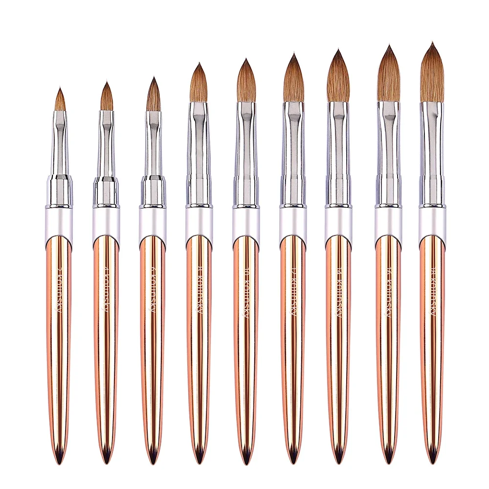 Pennello per unghie acrilico Kolinsky di alta qualità per salone di bellezza Pennello per unghie acrilico con manico in metallo a forma ovale in oro rosa puro al 100%
