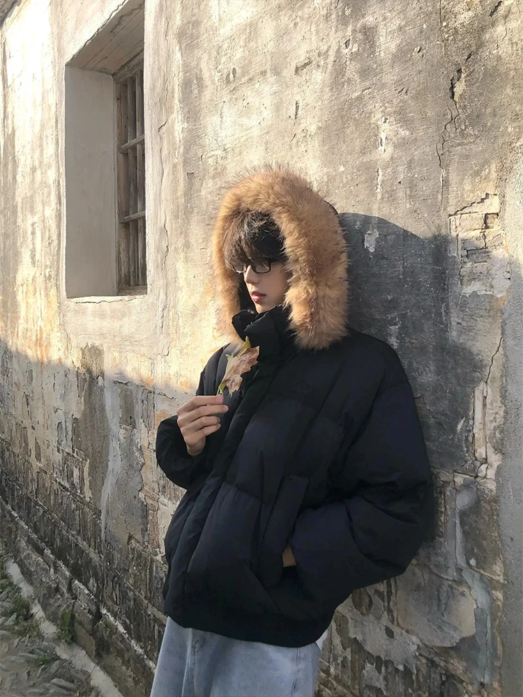 

American Sle Hooded down Cotton Jaet Men's Thi Warm PU Leather down Cotton Clothes CleanFit Couple Outerwear