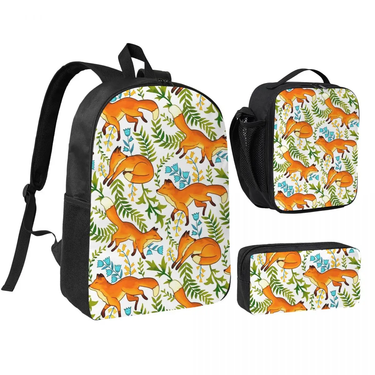 Fox Freedom With Plant Backpack Boys Girls BookBag School Bag Shoulder Bags 3ps Insulated Lunch Bag Pencil Case