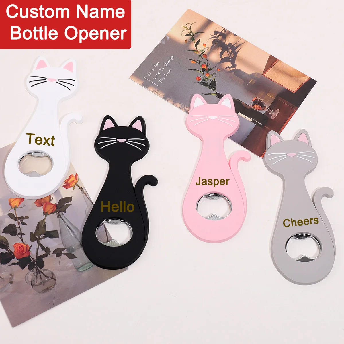 

Cute Cat Custom Name Beer Bottle Opener Personalized Name Corkscrew Laser Engraving Gift Customized Text Magnetic Fridge Magnet