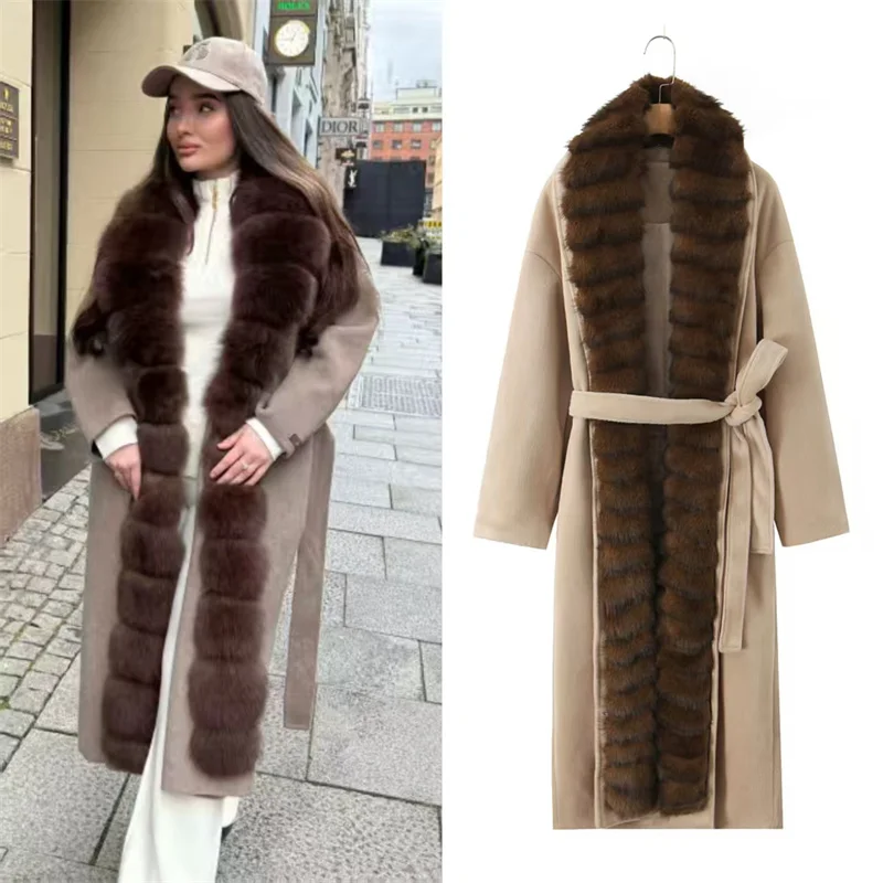 Женское пальто, зима 2025 года, новый стиль, хаки, длинное пальто из искусственного меха с длинными рукавами и большим меховым воротником, элегантное и модное