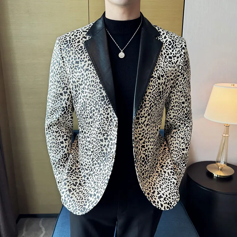 Fashion Leopard Print Blazer Jacket Men Spliced leather Collar Back Slit Party Dresses Clothing Slim Fit Suit Coat Male