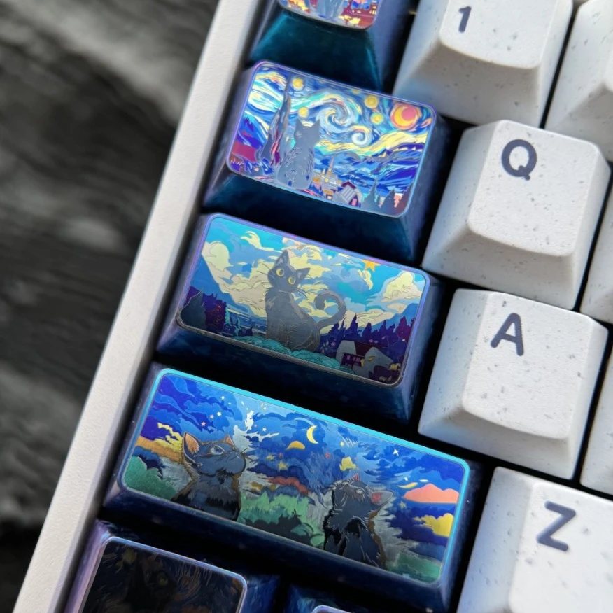 Starry Night Cat Colored Titanium Alloy Theme Keycaps Set Cherry Profile Metal Custom Original Handmade Keycaps for Keyboard DIY
