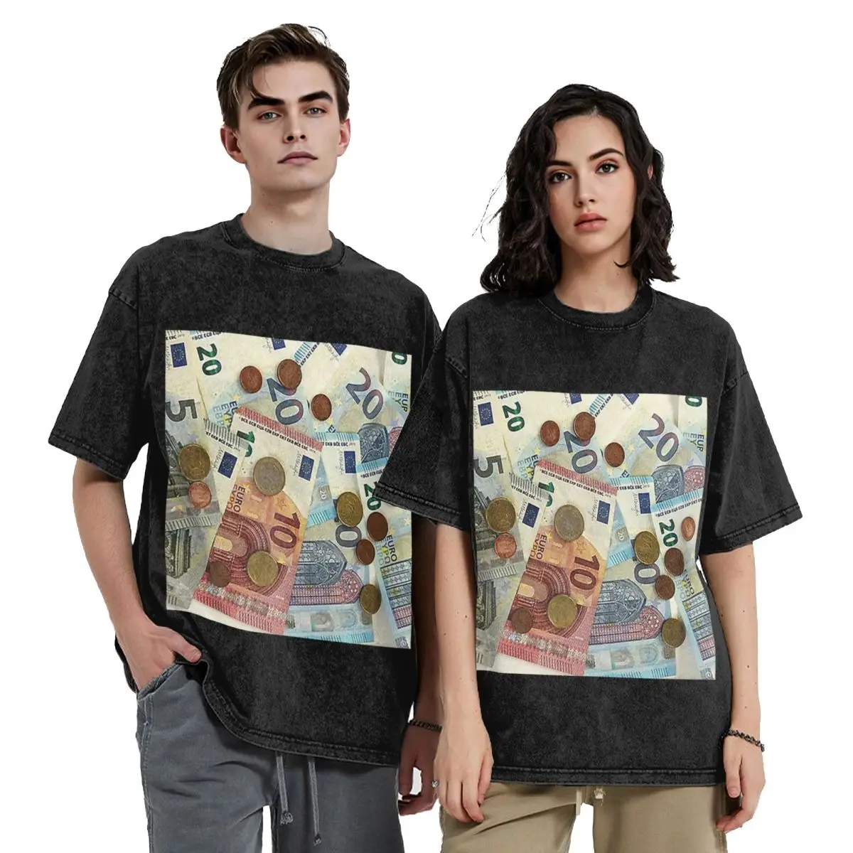 Euro Banknotes And Coins Hip Hop Short Sleeve T-Shirts Washed Tops Tees Streetwear T Shirt Vintage for Men Women
