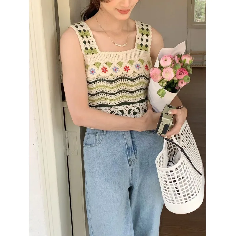 

Retro Floral Lace Hollow out Square Collar Strap Vest Women Summer Outdoor Svel ort Workwear Sweet Sle Top