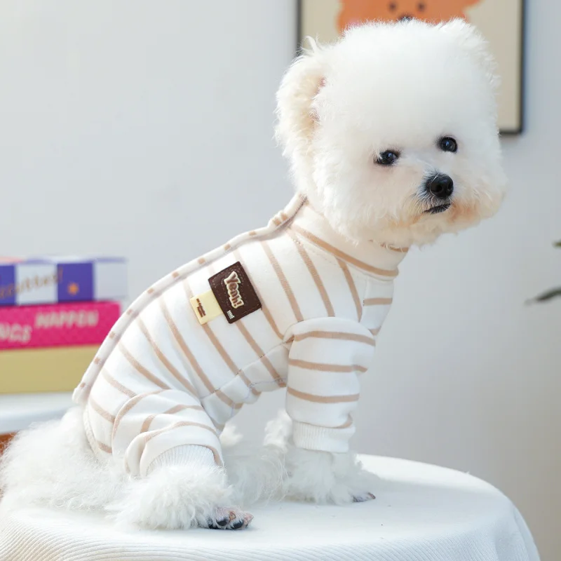 

Pet Dog Cat Outfit New Striped 4-Leg Fleece Belly Warmer Winter Warm, Cute Small Puppy Cozy Autumn Pajamas Onesie
