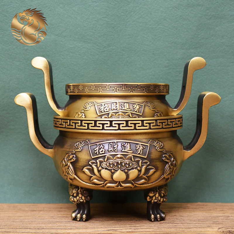 Large, all-brass lotus-shaped incense burner for offering to deities, featuring a three-legged design, suitable for Buddhist rit