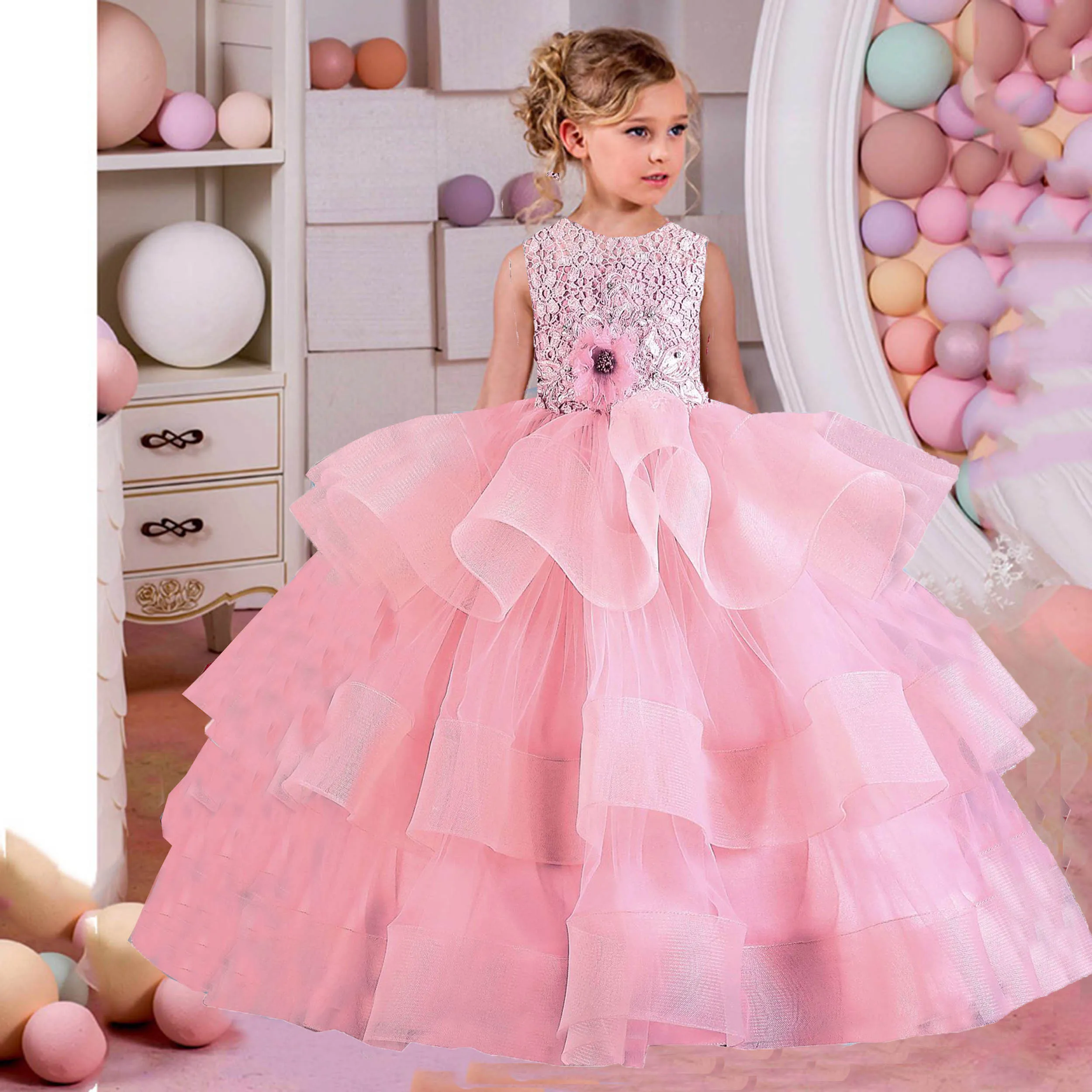 

Elizabeth Fashion Little Big Girls Lace Appliqed Wedding Flower Girl Birthday Party Pageant Formal Puffy Gown AC109