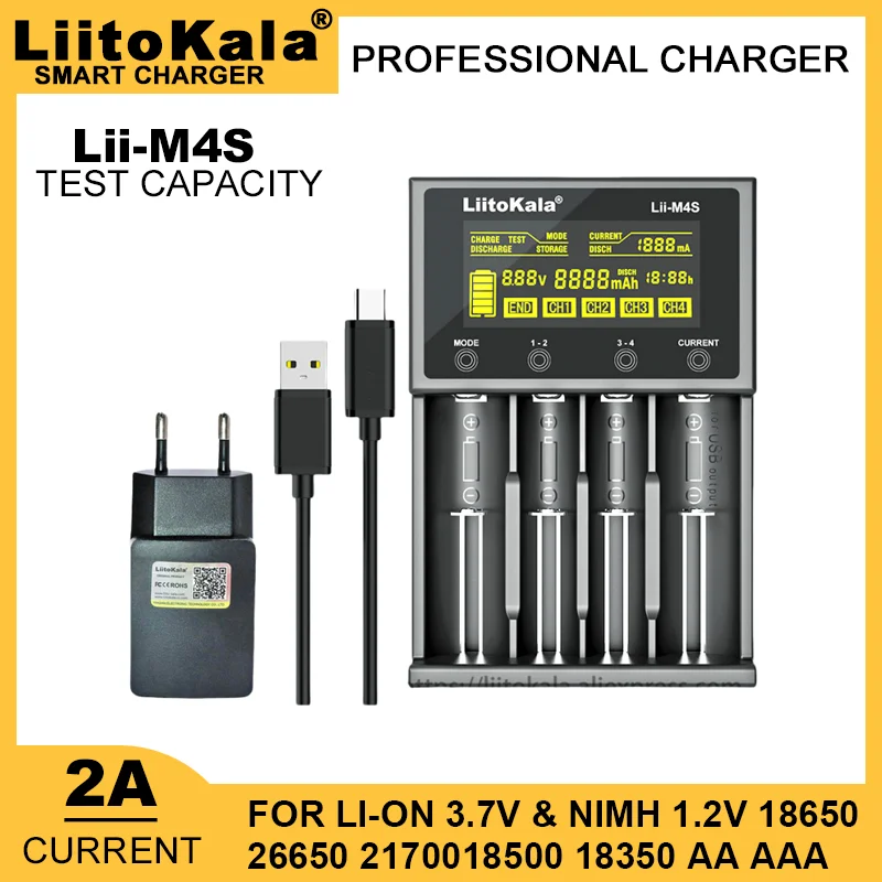 Liitokala Lii-M4S  Lii-MP2 18650 3.7V 3.2V 3.85V 26650 14500 21700 25500 1.2V NiMH Lithium Rechargeable Battery Charger