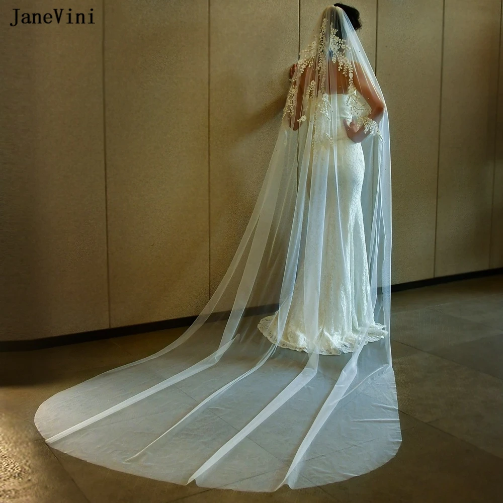 JaneVini-Elegante Coreano Marfim Véus De Noiva Com Pente, 1 Tier Lace Applique, Cristal Macio Tulle Veil, Acessórios Do Cabelo Do Casamento