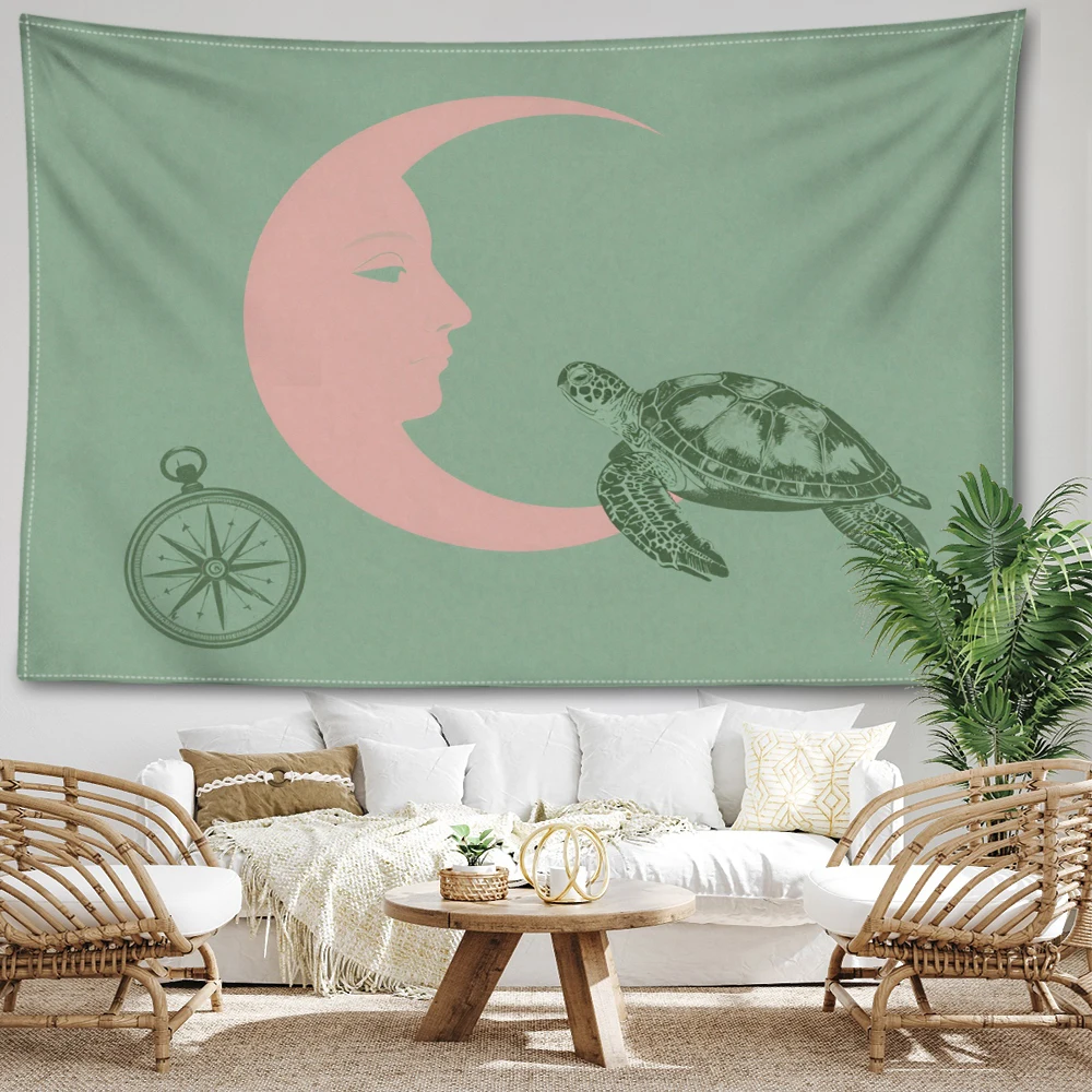 Light Green Pink Moon Sea Turtle Compass Wall Tapestry, Boho Decor