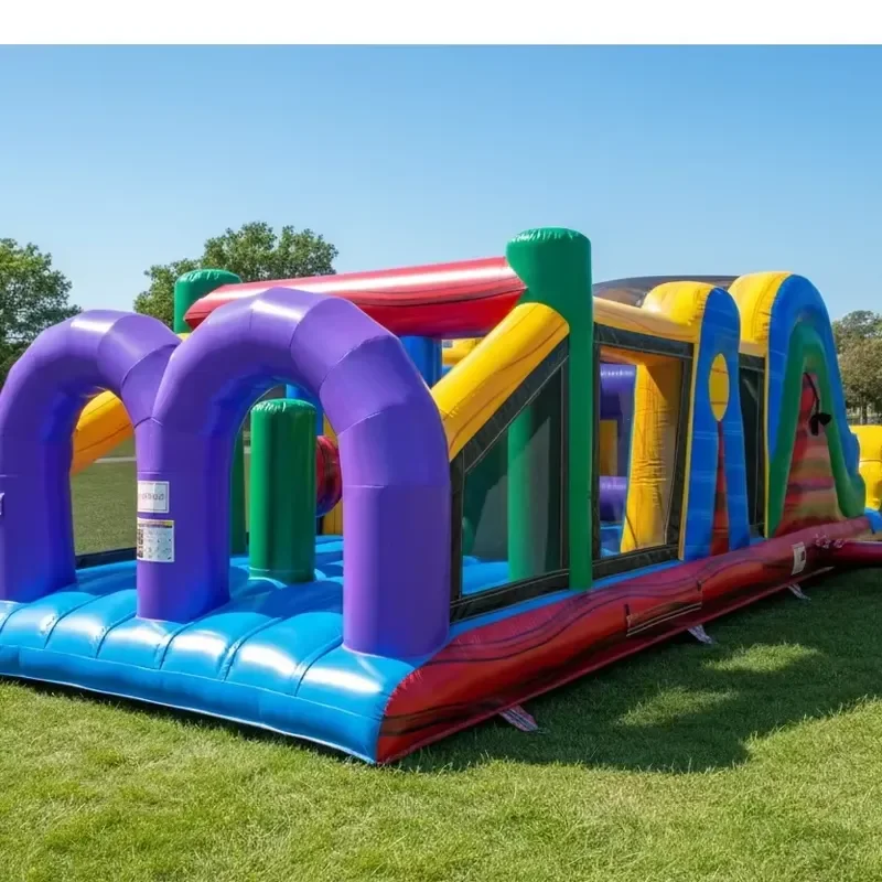 New Design Marble Color MILE PVC Inflatable Game Bouncy Castles Obstacle Course Double Lane Water Slide 600 Capacity for