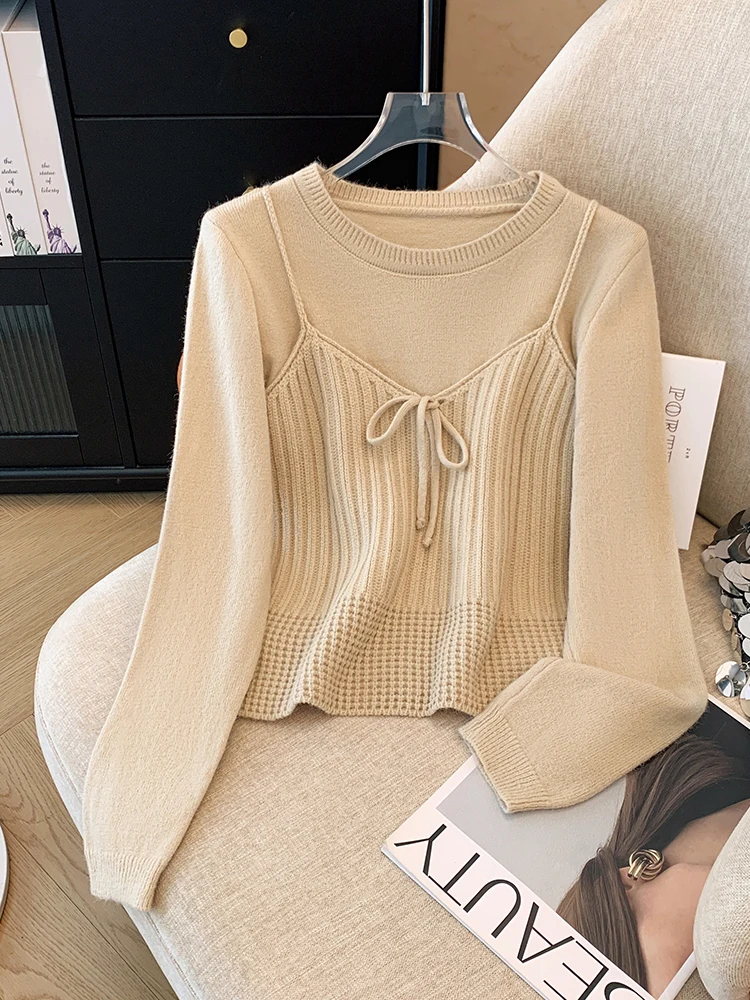 Women Khaki Pullover Knitted Sweater Harajuku Aesthetic Y2k Long Sleeves O-Neck Sweater Jumper Vintage 2000s Clothes Autumn 2024