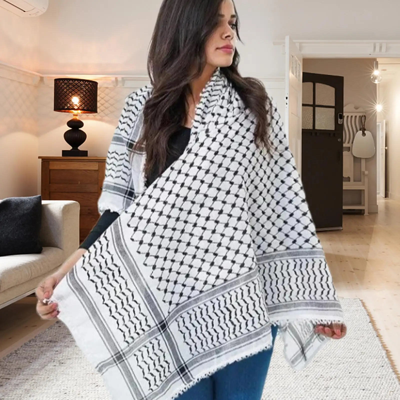 وشاح عربي أصلي هيرباوي كوفية 54X54 بوصة شال فلسطيني ناعم كوفية عربية باندانا للرأس والرجال والنساء