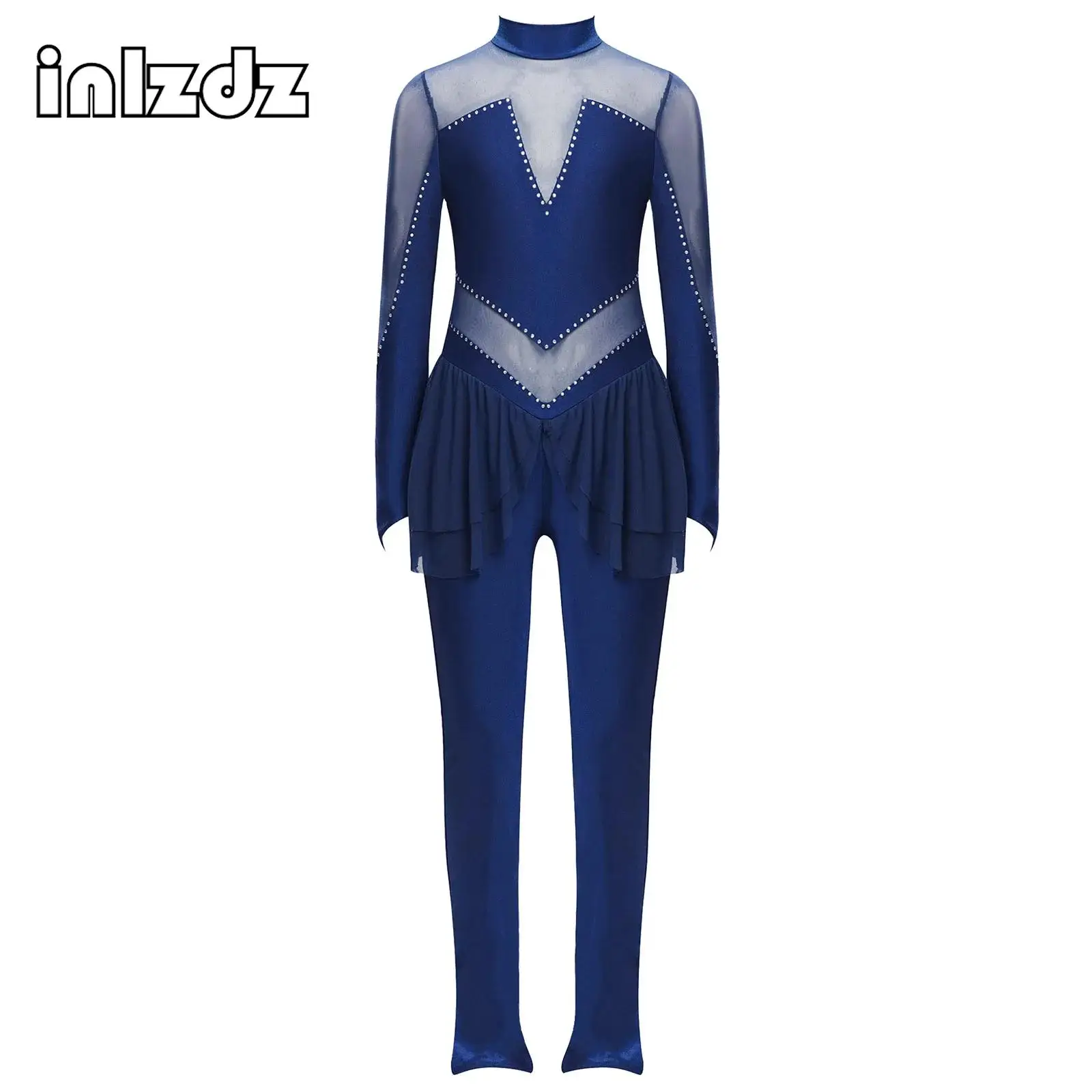 

New Style Kid Girl Figure Ice Skating Performance Jumpsuit Mock Neck Long Sleeve Rhinestones Mesh Bodysuit for Ballet Gymnastics