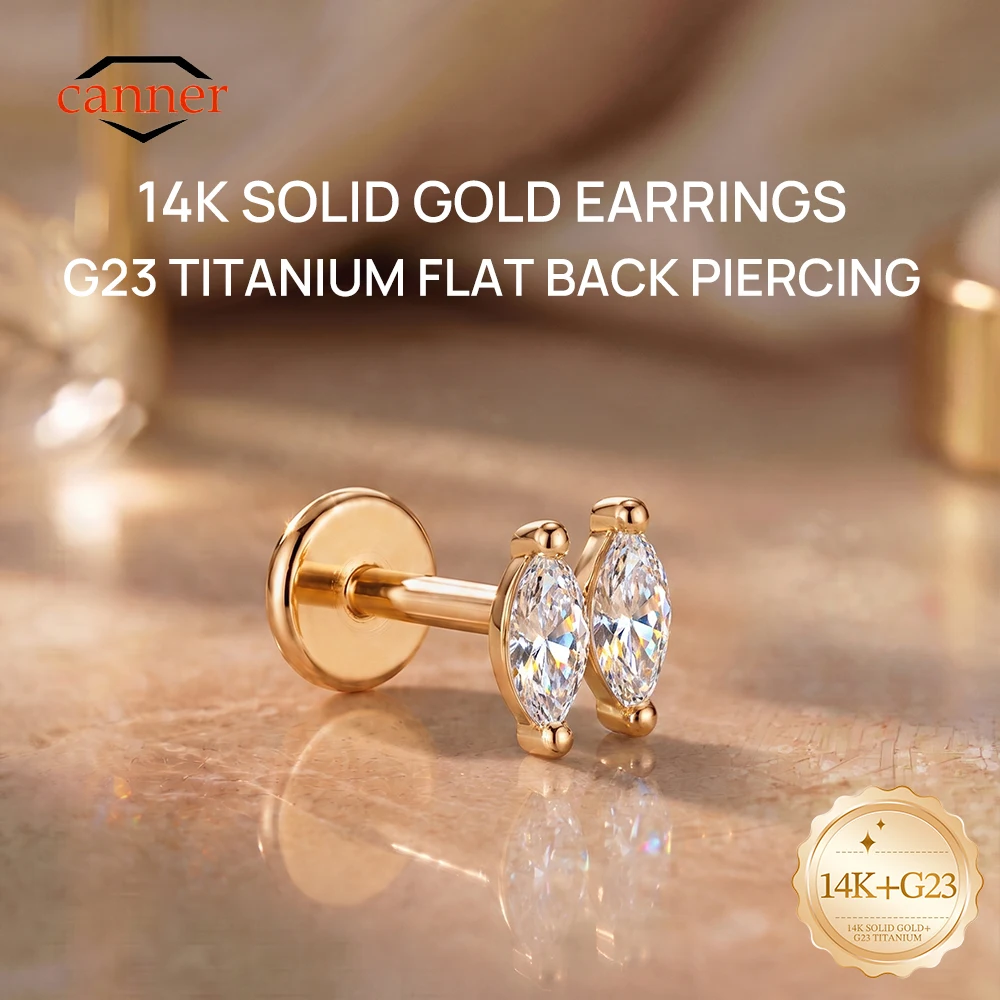CANNER 1PC 14K Solid Gold Marquise CZ Earring Flat Back Cartilage Piercing Stud Helix Tragus Earring Hypoallergenic Baby Jewelry
