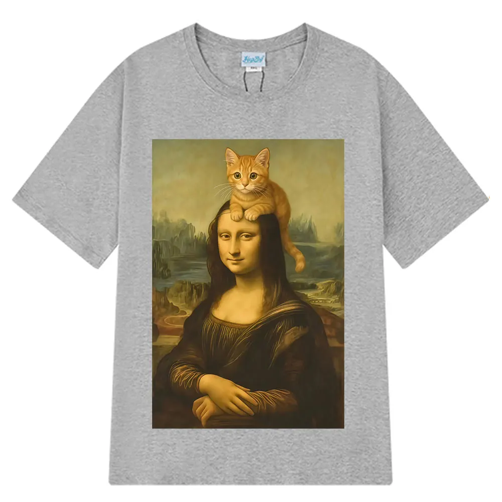 Cat Ahd Mona Lisa with Cat Funny Meme T Shirt Men Women Short-sleeved Cotton Harajuku Casual Oversized T-shirts Streetwear Tees