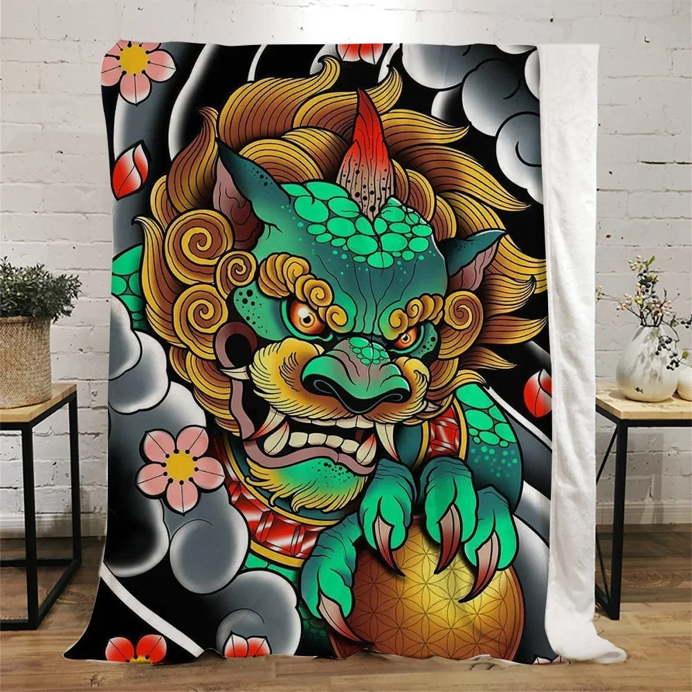 CLOOCL Prajna Kirin Tattoo Flannel Blanket Japanese Sakura Samurai 3D Printed Throw Blanket Summer Quilt for Car Sofa