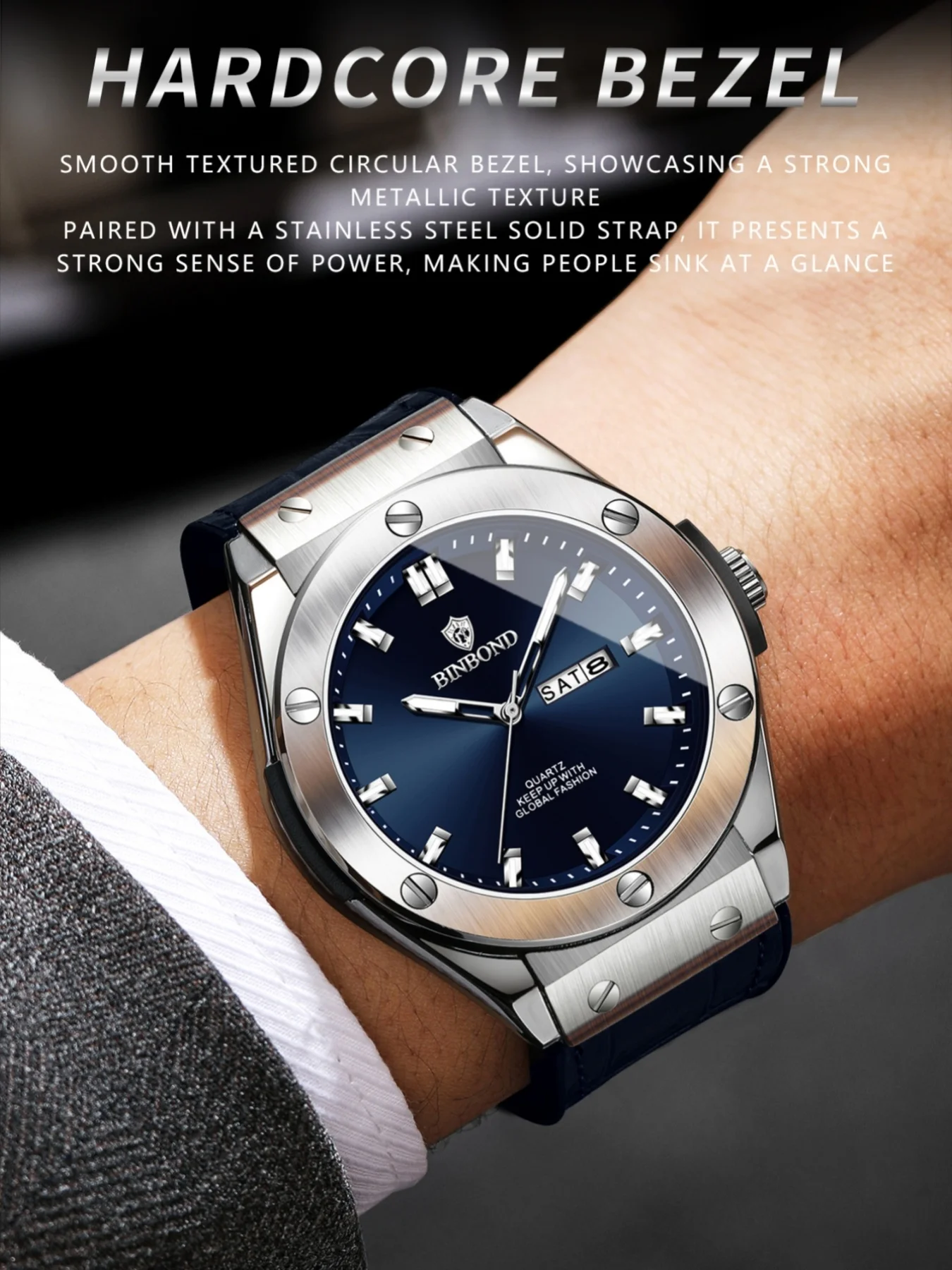 BINBOND Business Men's Watch 30M Waterproof Luminous Hands Date Calendar Function Men's Watch Stainless Steel Quartz Men's Watch image 5