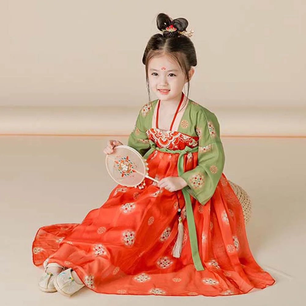 Tenue Hanfu de la dynastie Tang pour enfants, olympiques de scène des Prairies, robe des Prairies pour filles chinoises, vert, rouge, document pour enfants