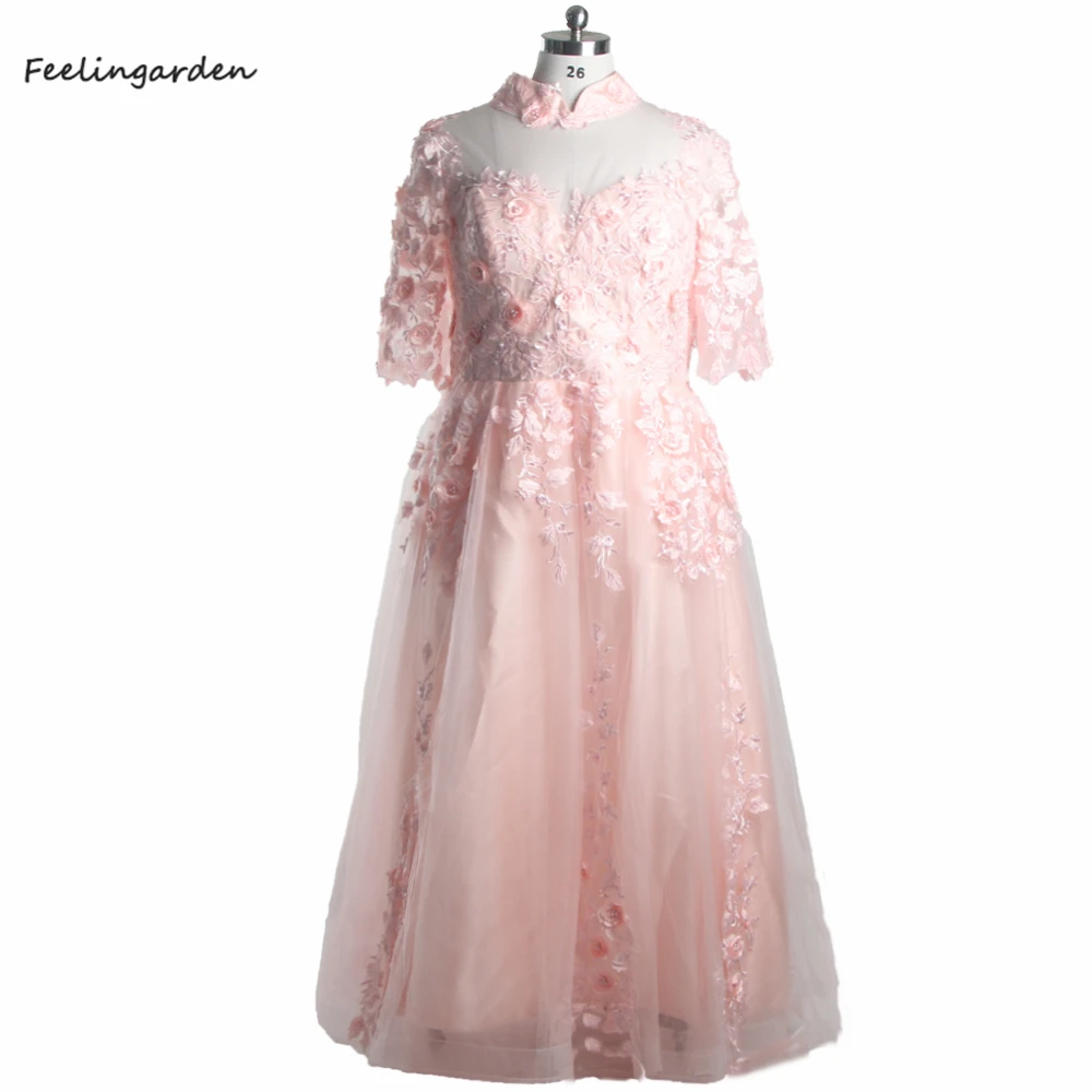 

Eveing Dresses Pink Floral Tulle High Collar Short Sleeves Zipper Back A-line Floor Length Plus size Women Party Dress C1484